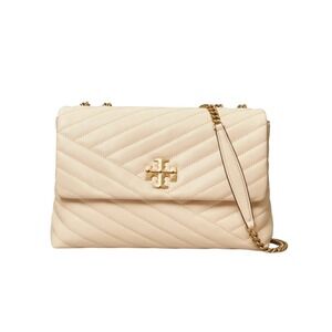 Tory Burch Kira Chevron Shoulder Bag Cream Leather Gold Chain Quilted Luxury